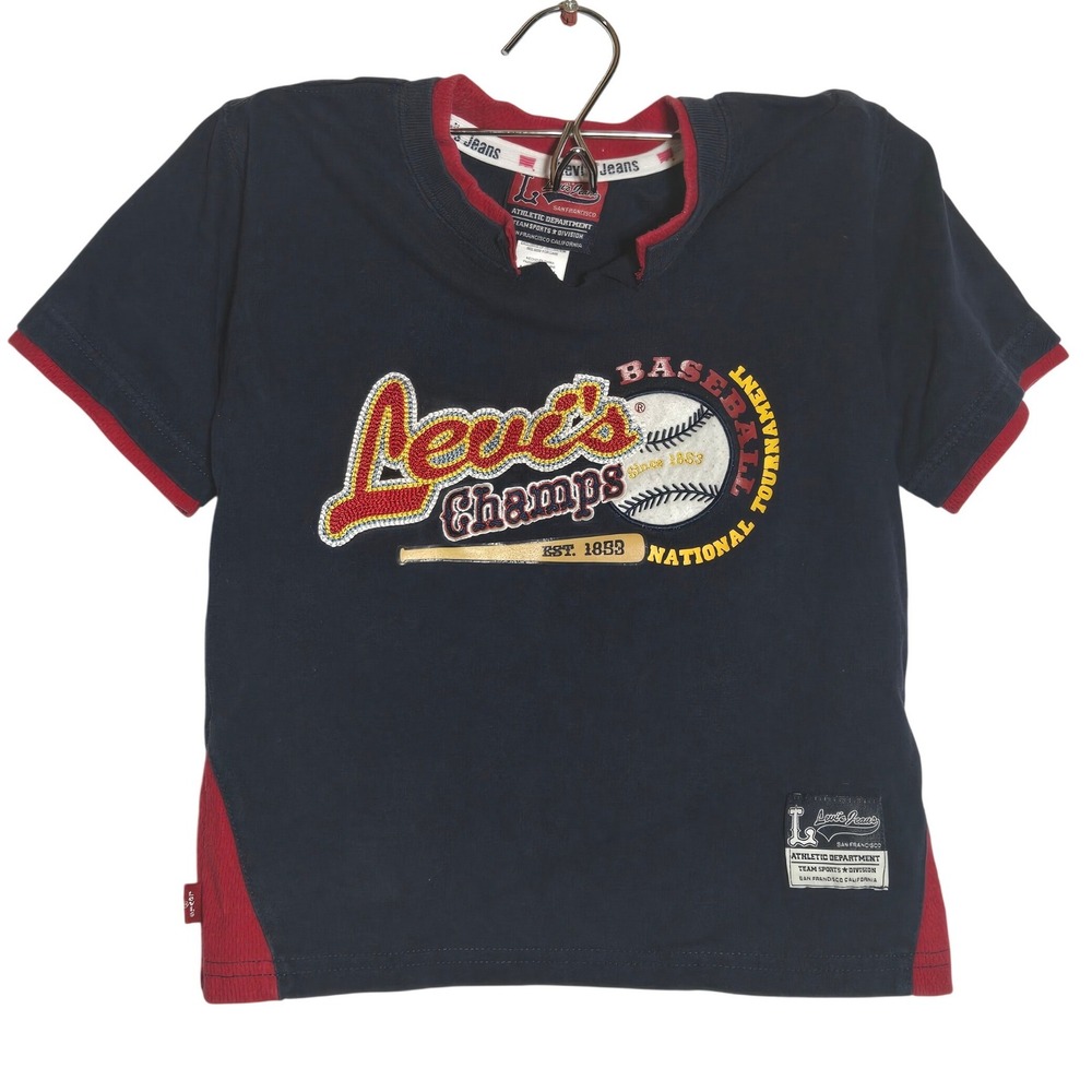 Vintage Levis Boys Baseball Tee Shirt 4 Sport Varsity Retro Layered Vneck Casual